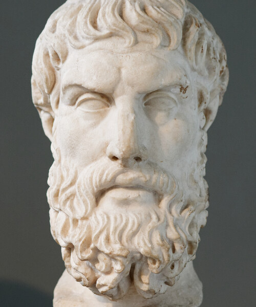 Roman marble bust of Epicurus, late 3rd-early 2nd c. BCE copy of a Hellenistic original; British Museum. Public domain via Wikimedia Commons.
